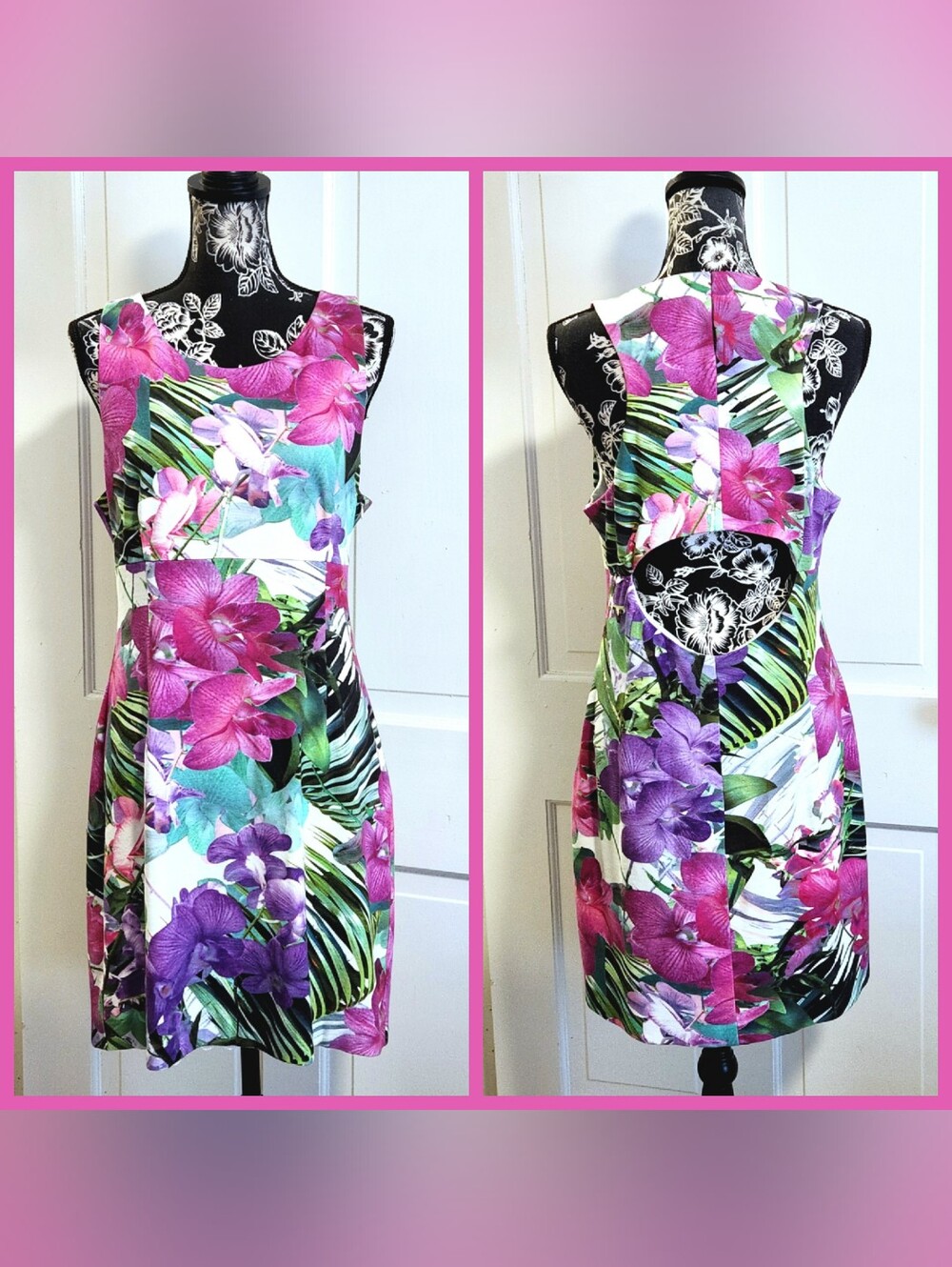 🪻VTG Trina Turk🪻- Multicolor Orchid Floral Print Stretch Sheath Dress